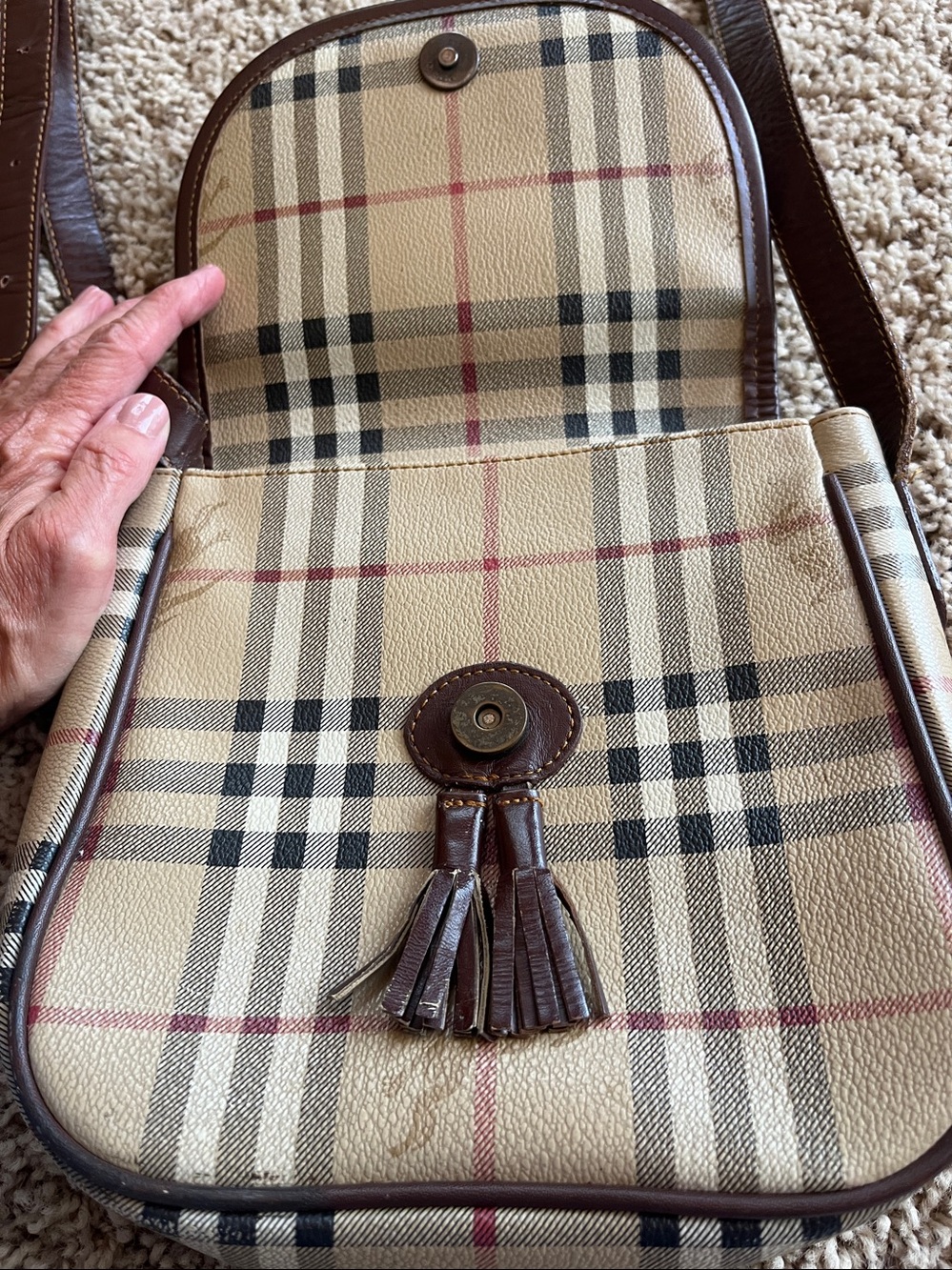 Burberry Beige/Tan Check Crossbody with Brown Leather Trim - Picture 2 of 6